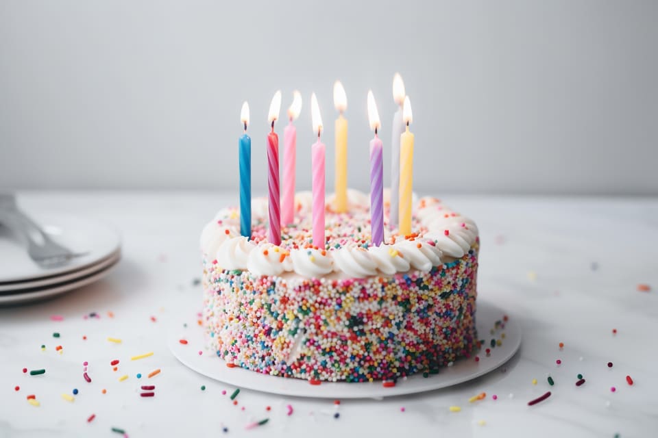 Bolo de aniversário coberto de confeitos coloridos, com velas acesas