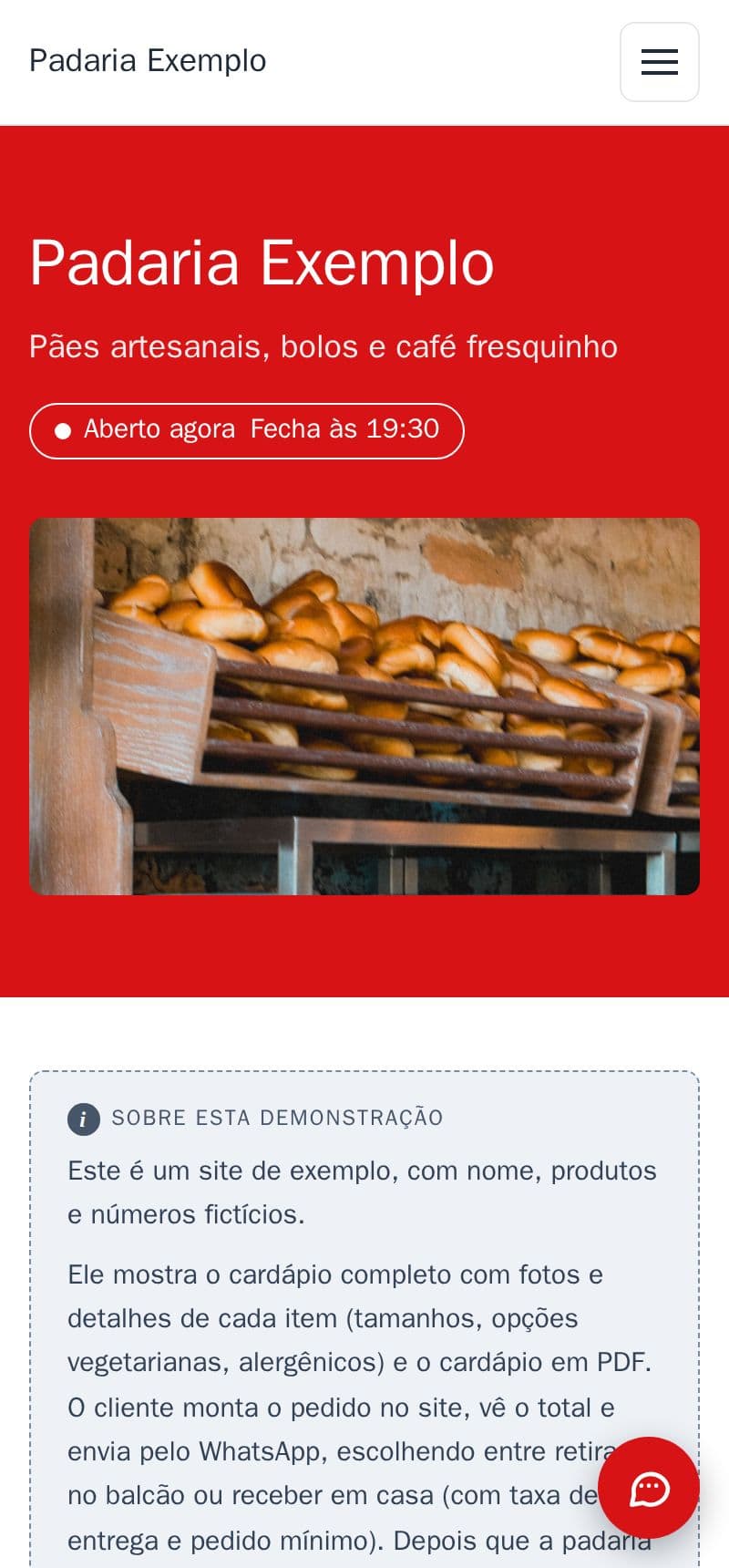 O topo da padaria de exemplo com “Aberto agora · Fecha às 19:30”
