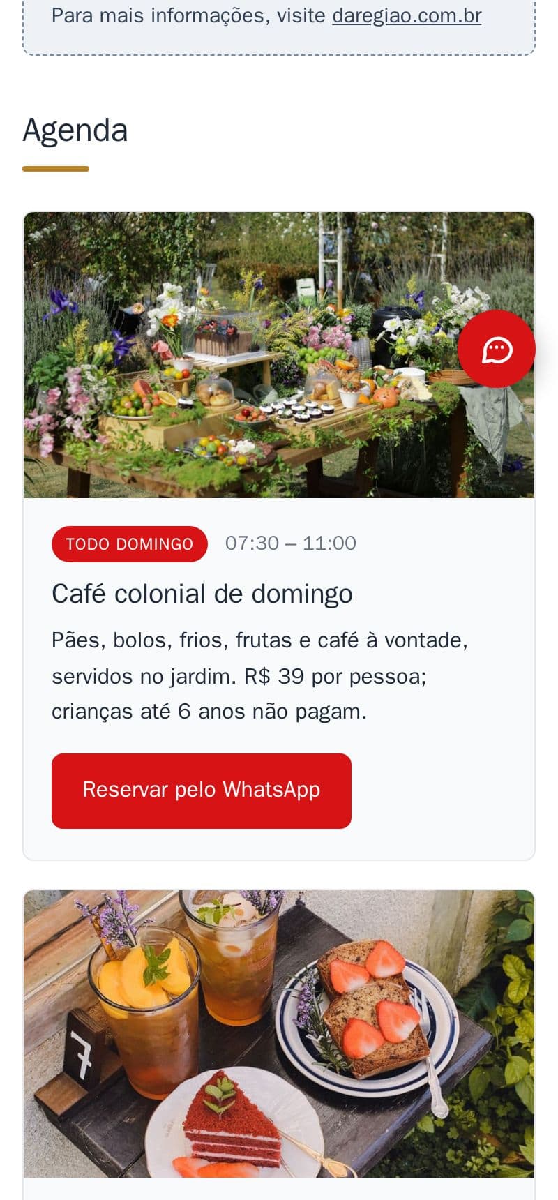 A agenda da padaria de exemplo com o café colonial de todo domingo e o botão Reservar pelo WhatsApp