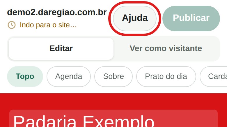 O topo do editor no celular, com o botão “Ajuda” marcado por um quadro vermelho, ao lado de “Publicar”