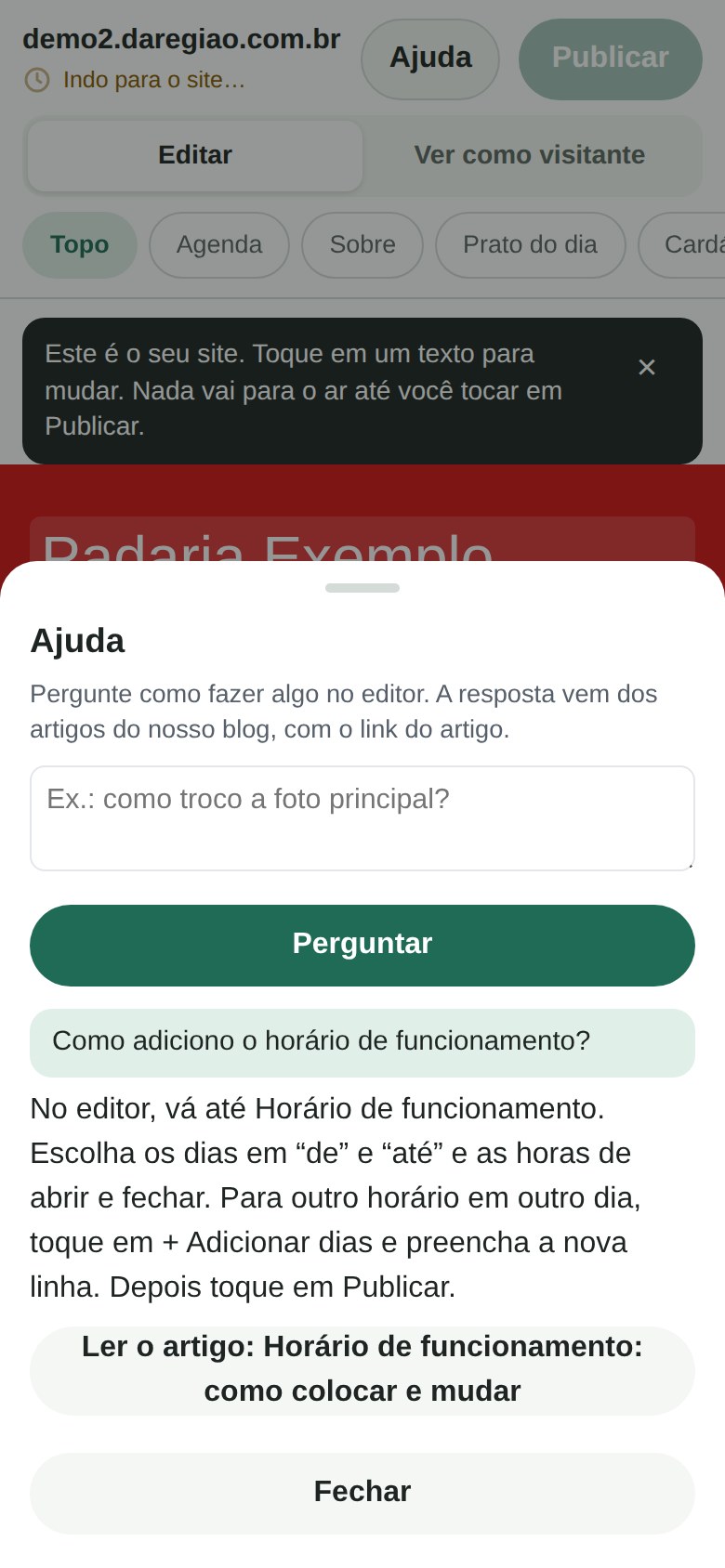 A tela de Ajuda aberta no editor, no celular, com uma pergunta e a resposta