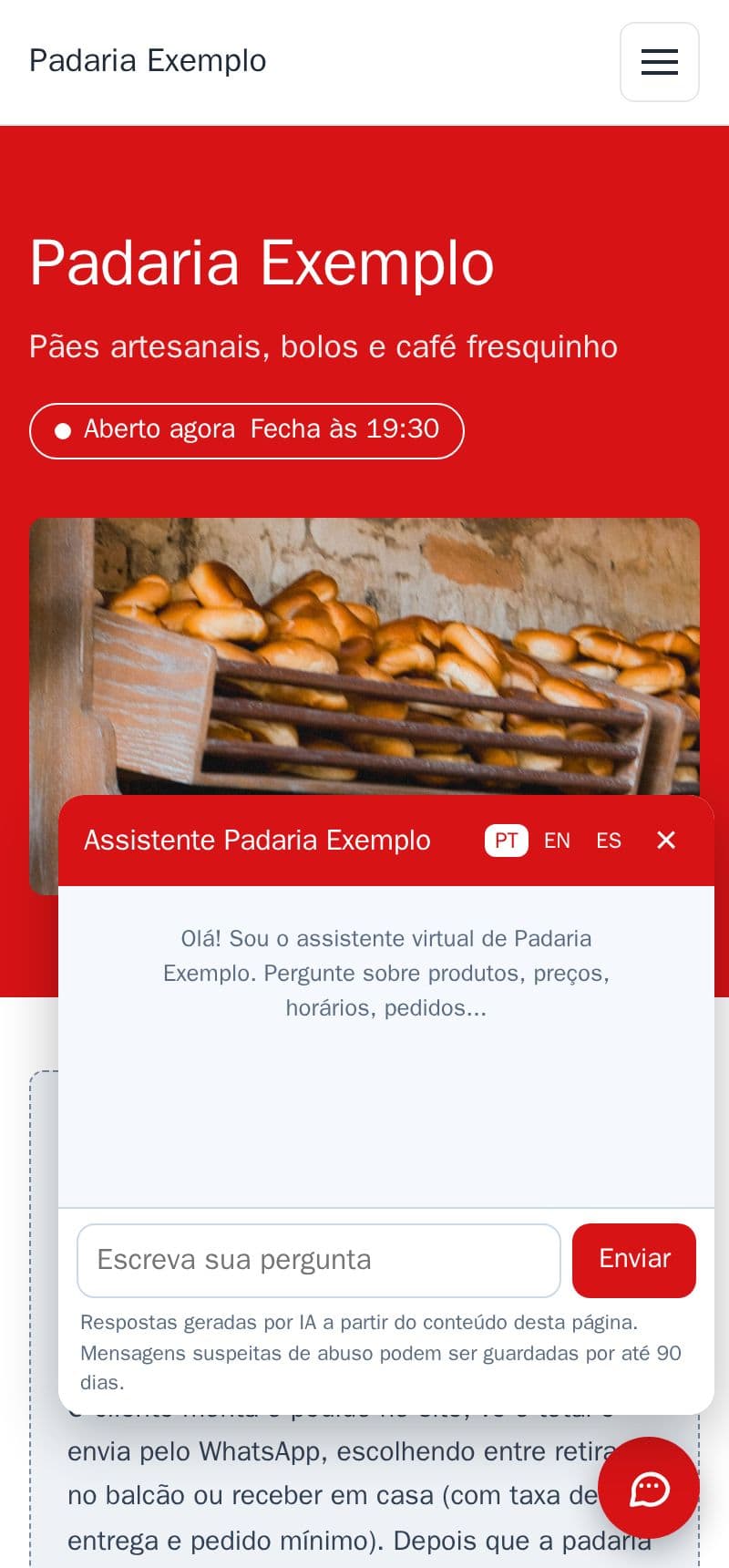 O assistente de IA aberto no site da padaria de exemplo