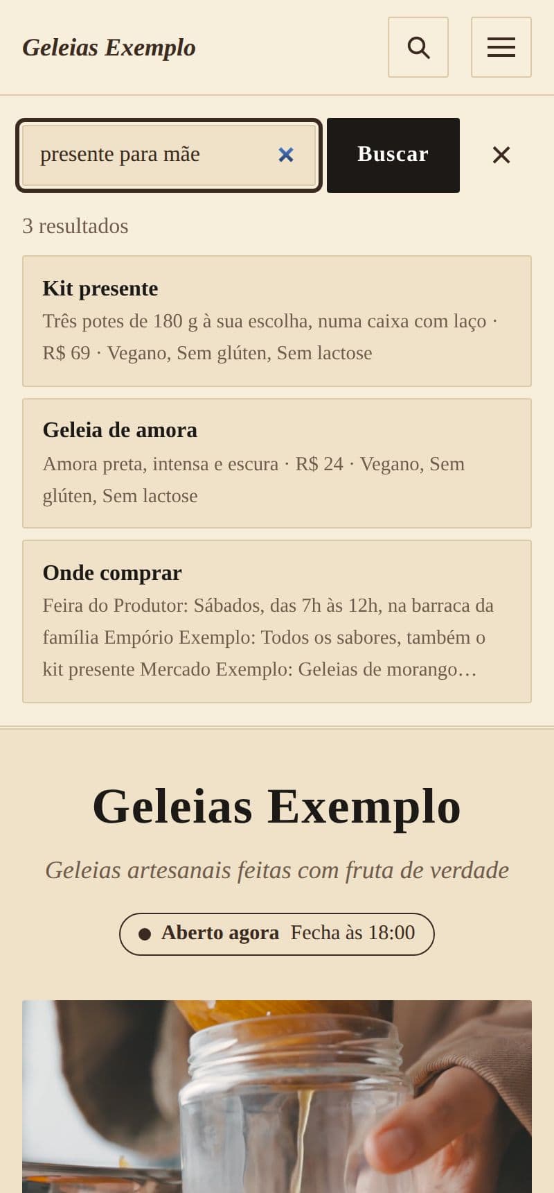 A busca das geleias de exemplo com os resultados para “presente para mãe”