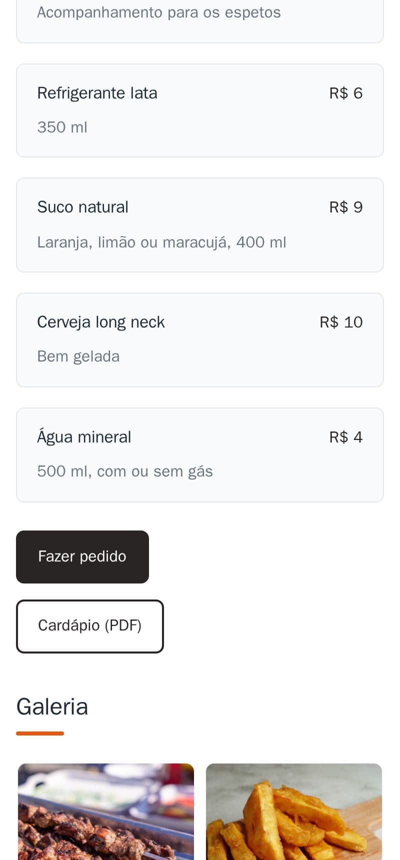 O botão “Cardápio (PDF)” embaixo do cardápio do espetinho de exemplo
