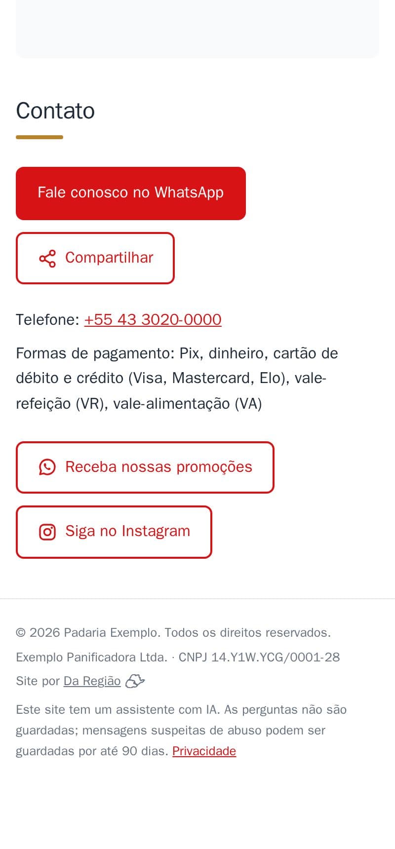 O rodapé da padaria de exemplo com a razão social e o CNPJ
