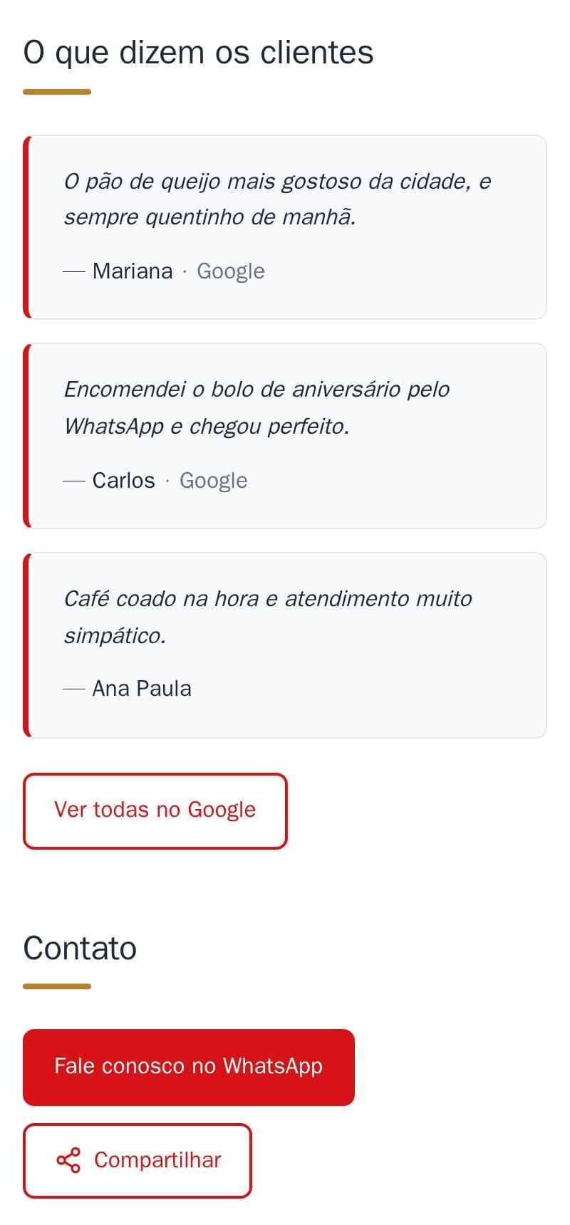 A parte “O que dizem os clientes” com três comentários e o botão “Ver todas no Google”