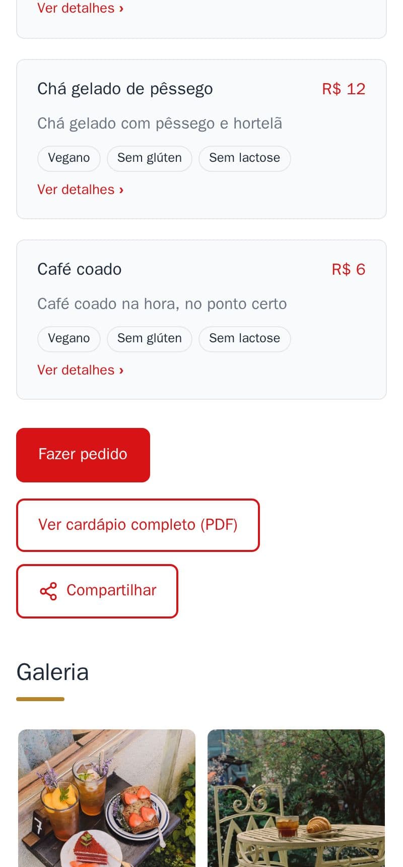 O botão Compartilhar embaixo do cardápio da padaria de exemplo