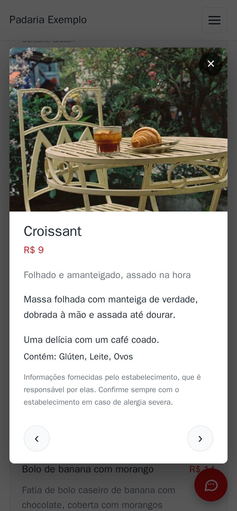Os detalhes do croissant na padaria de exemplo: foto, preço, descrição e alergênicos