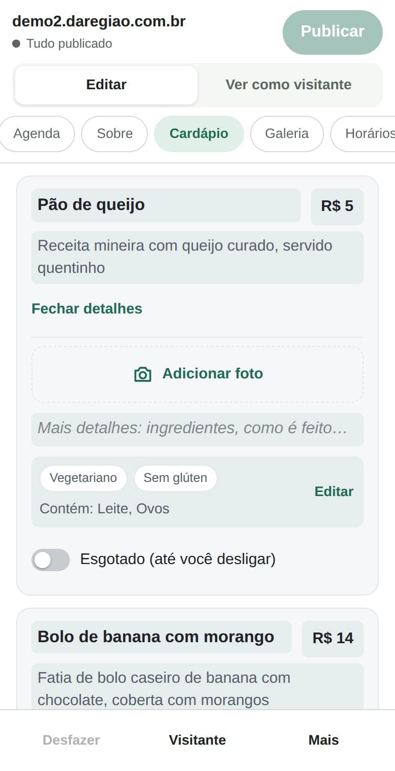 O editor no celular: o cardápio da padaria de exemplo, com preço, foto e Esgotado
