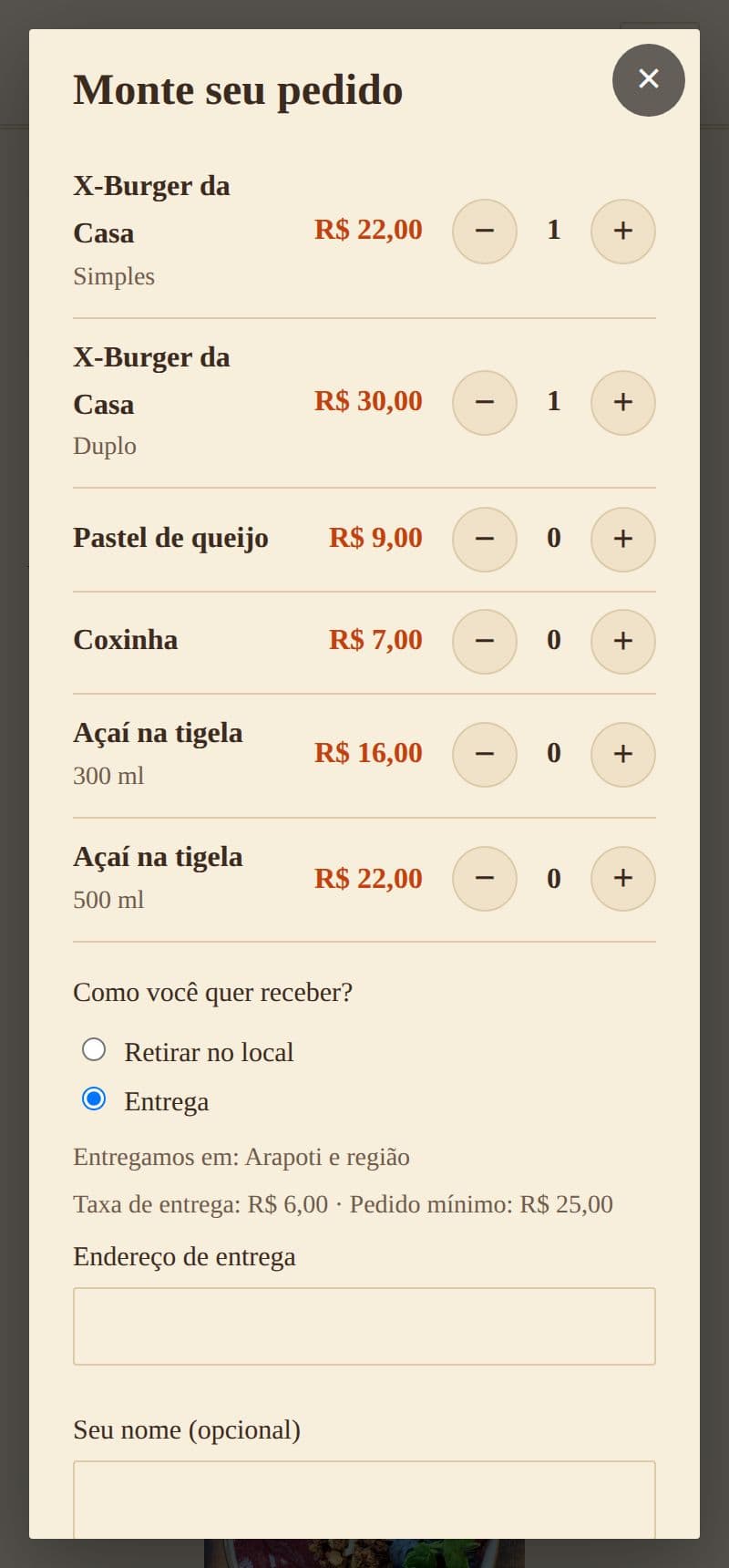 O pedido da lanchonete de exemplo com Entrega escolhida, a área, a taxa e o pedido mínimo