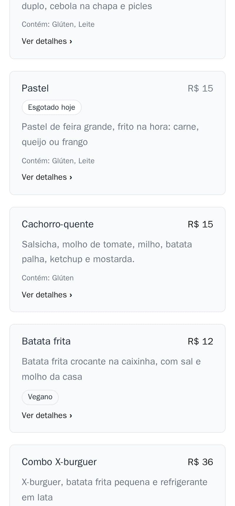 Um item do cardápio do food truck de exemplo com a etiqueta “Esgotado hoje”