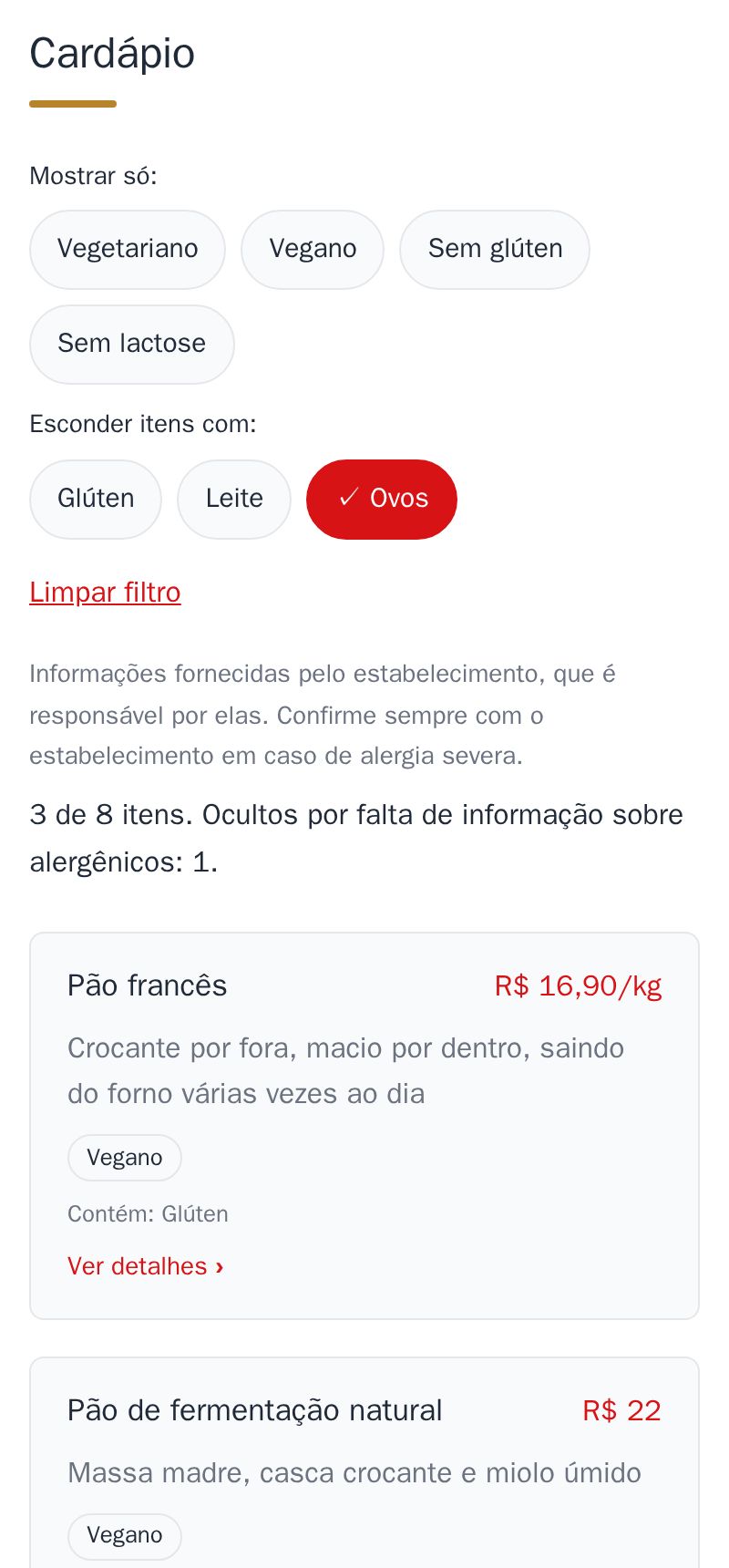 O cardápio da padaria de exemplo no celular, com o filtro “Ovos” ligado