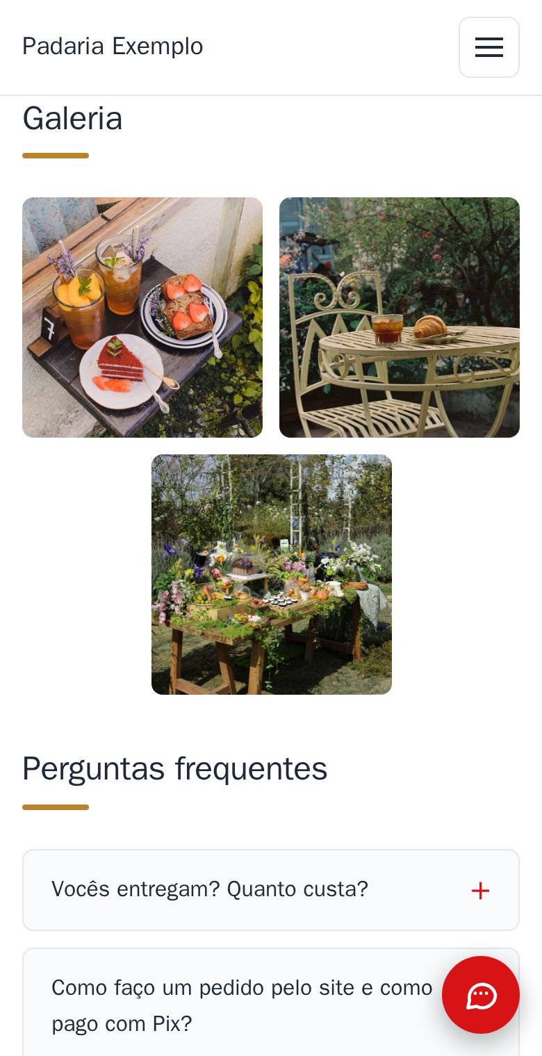 A galeria da padaria de exemplo no celular, com fotos de doces, de uma mesa no jardim e de uma mesa de festa