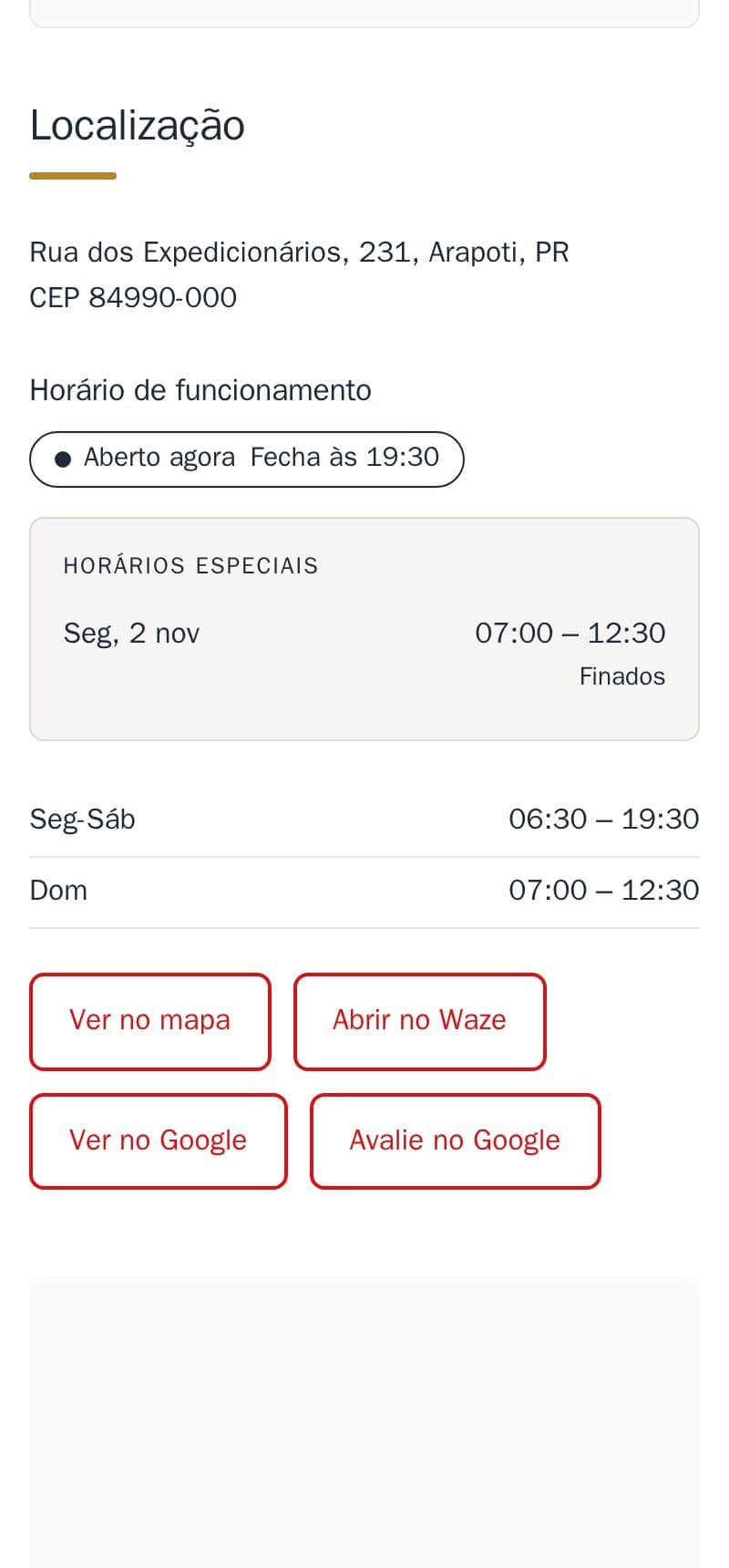 Os botões “Ver no Google” e “Avalie no Google” na localização da padaria de exemplo
