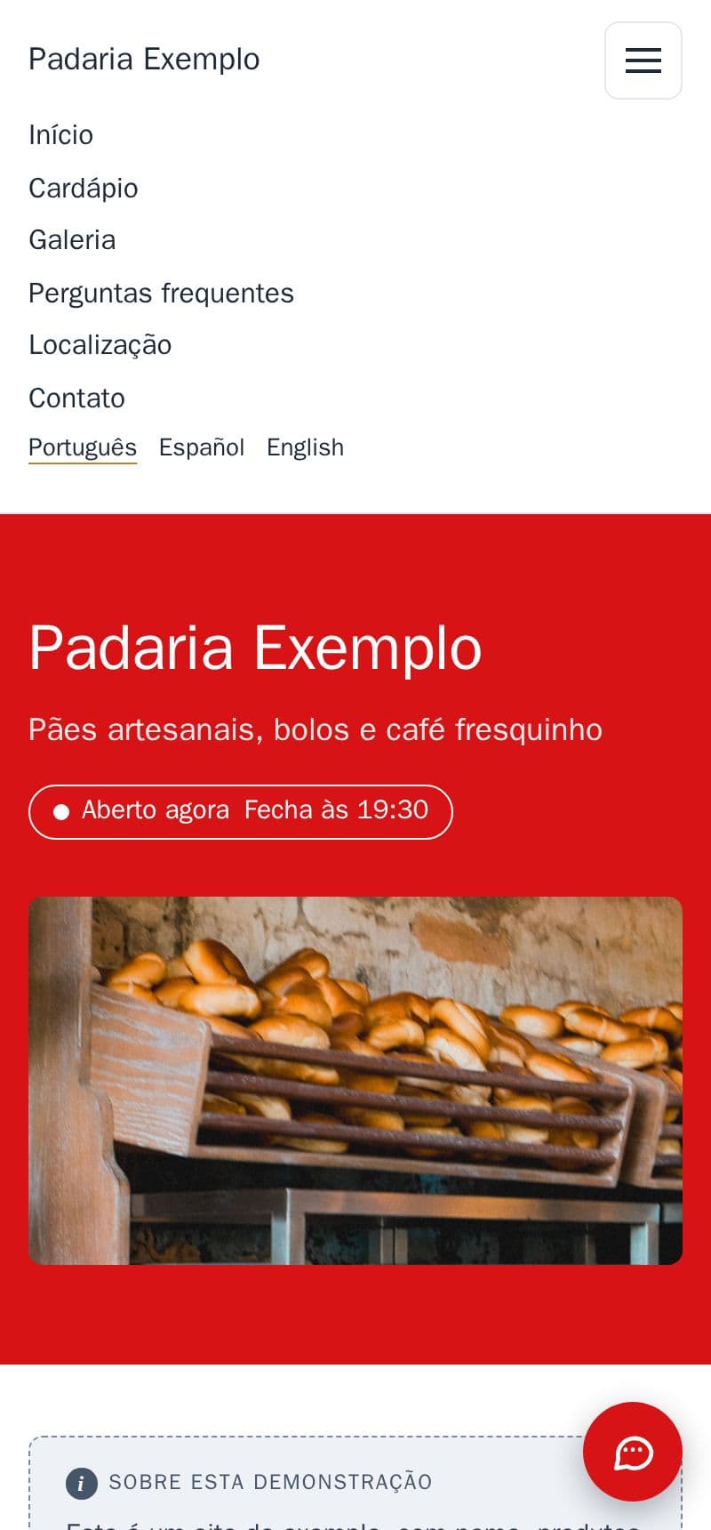 O menu da padaria de exemplo aberto, com os idiomas Português, Español e English
