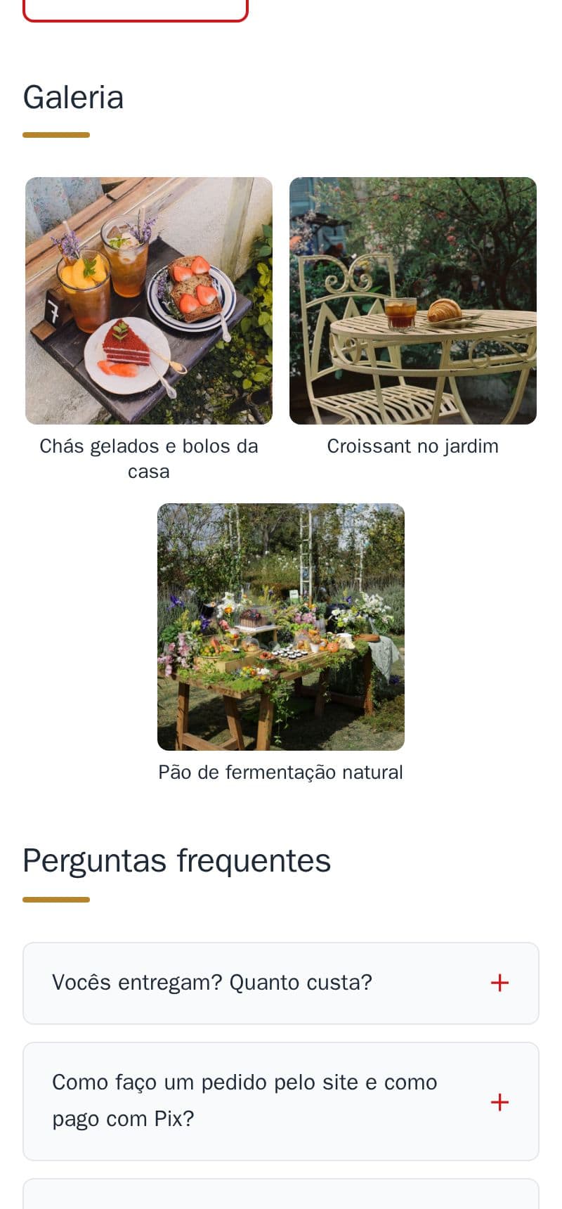 A galeria da padaria de exemplo com uma legenda curta embaixo de cada foto