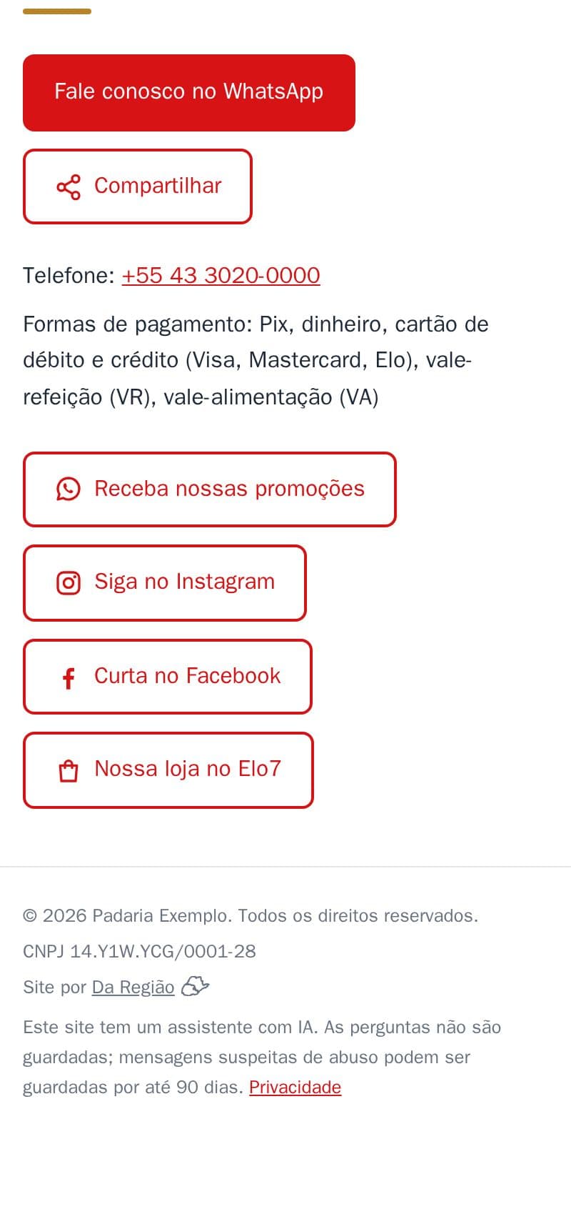 Botões para o grupo de promoções no WhatsApp, Instagram, Facebook e uma loja no Elo7 no contato da padaria de exemplo