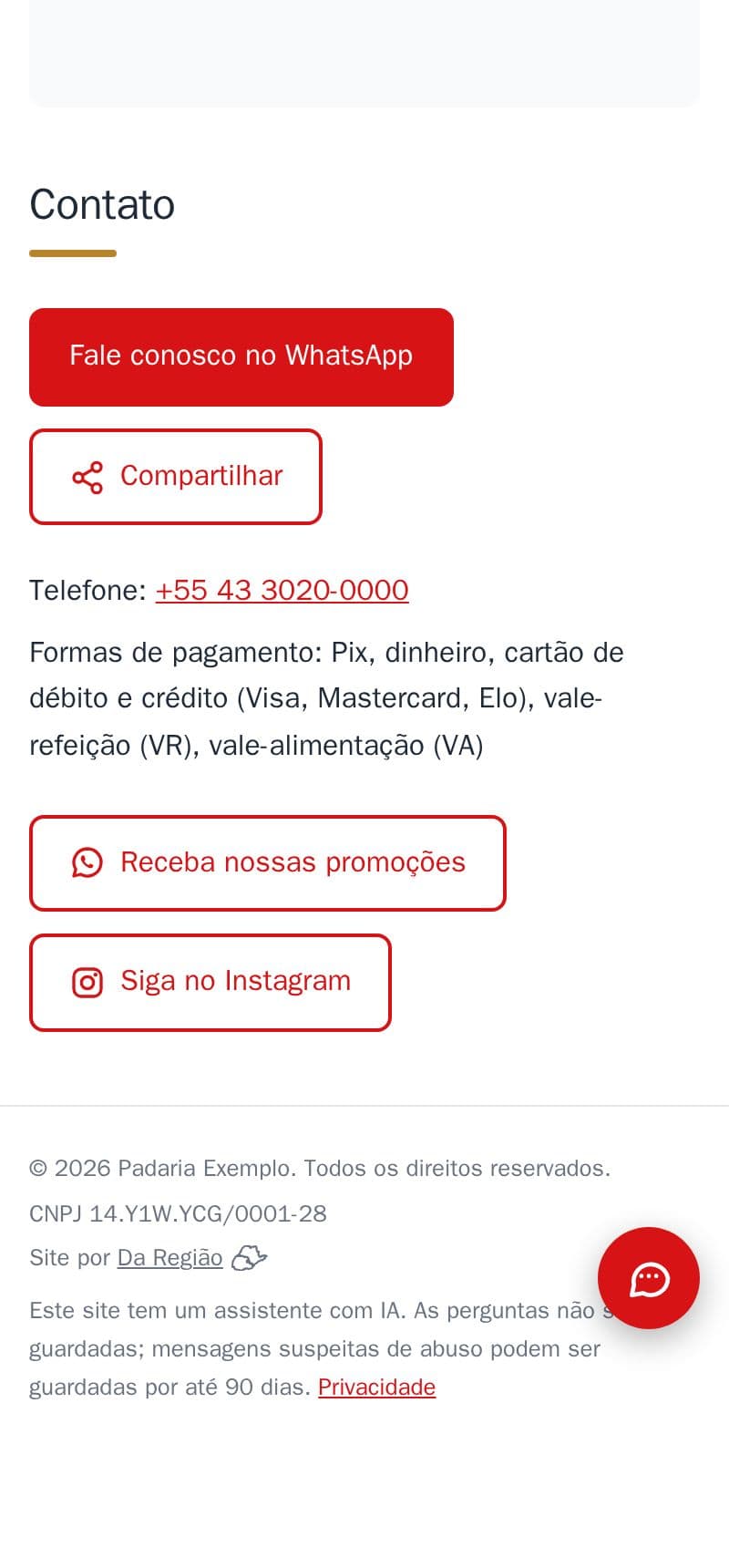 A linha “Formas de pagamento” no contato da padaria de exemplo