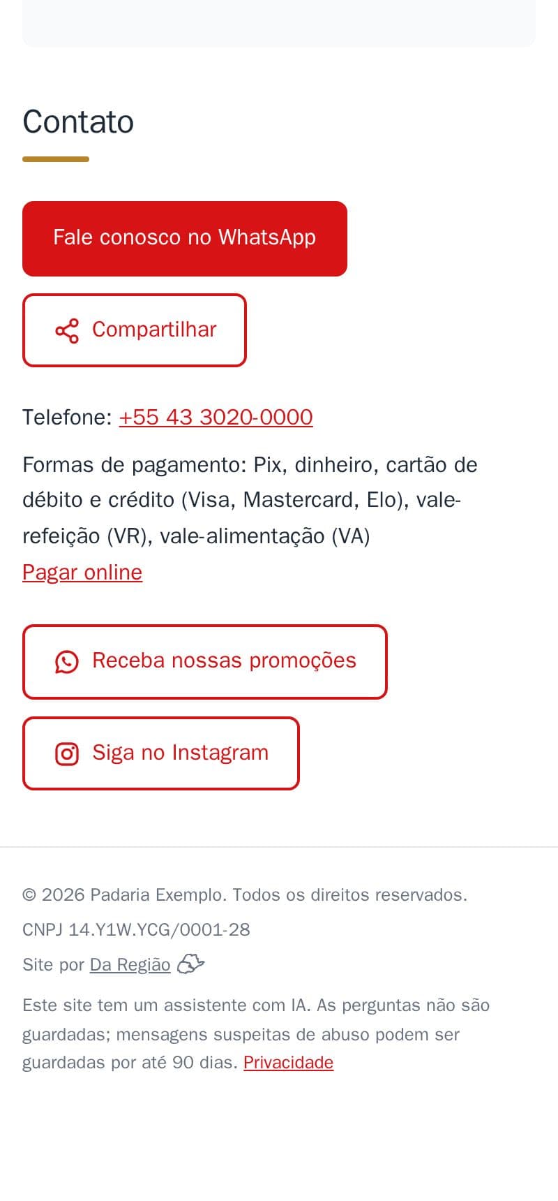 O link “Pagar online” embaixo das formas de pagamento da padaria de exemplo