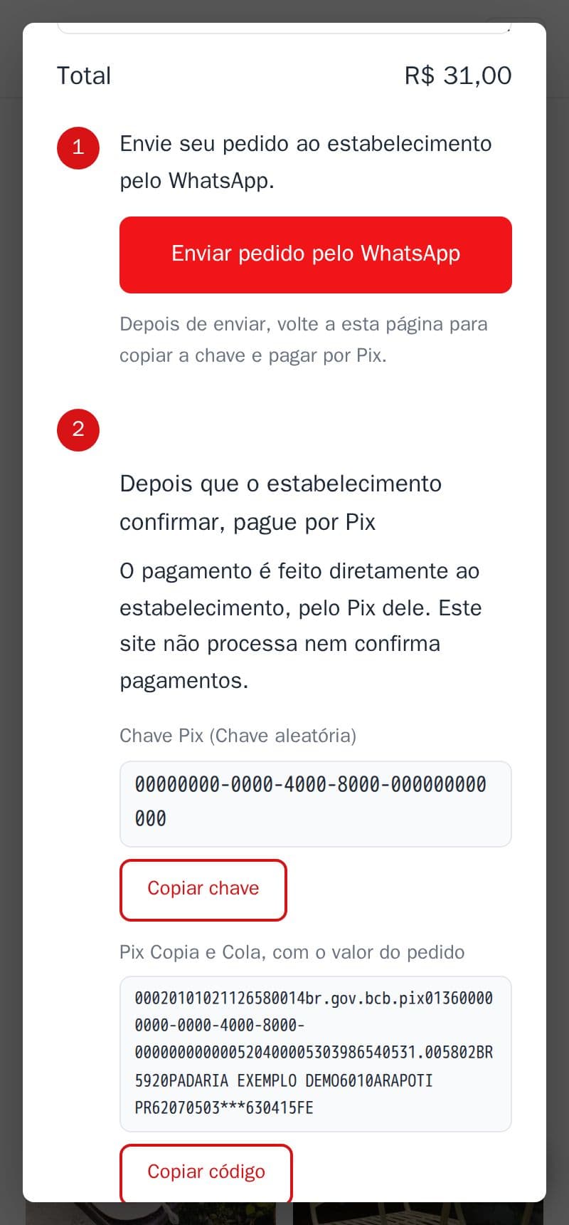 O pedido montado na padaria de exemplo, com o total, o botão do WhatsApp e o Pix Copia e Cola