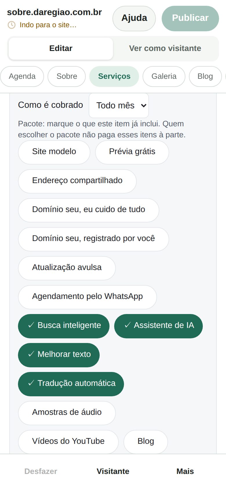 No editor, o item Pacote IA com “Como é cobrado: Todo mês” e os itens que o pacote inclui marcados