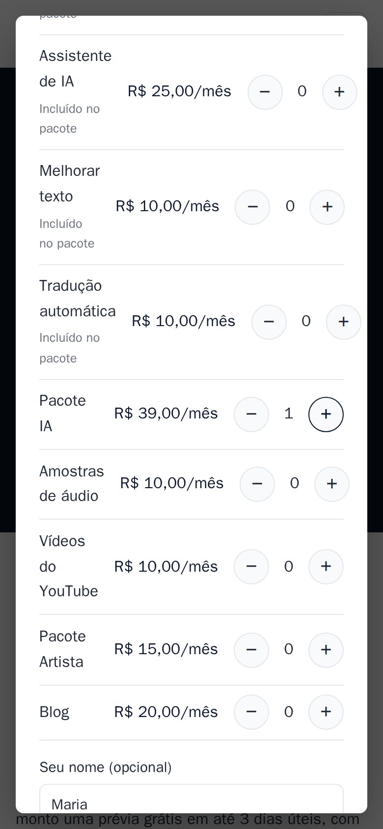 O pedido no site: pagamento único R$ 300, por ano R$ 40, por mês R$ 39, com o aviso de cobrança mensal e anual