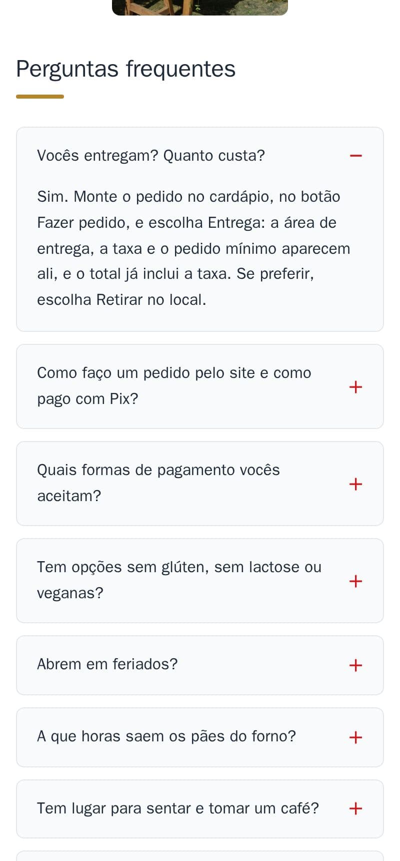 As perguntas frequentes da padaria de exemplo, com a primeira aberta