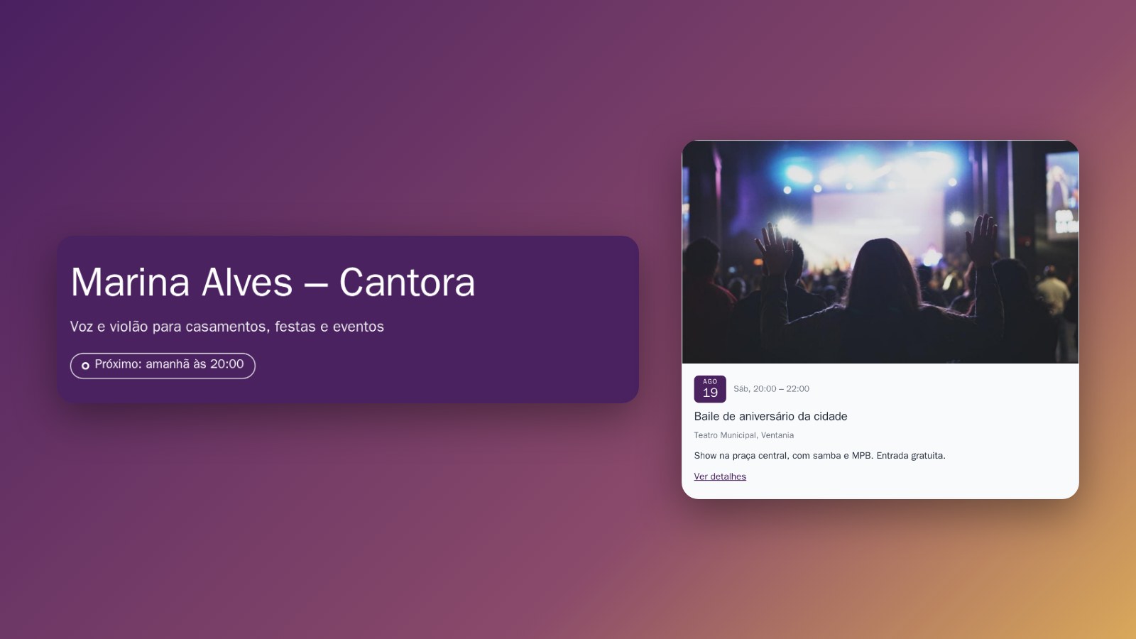 Site de uma cantora com o aviso Próximo: amanhã às 20:00 e a agenda de shows