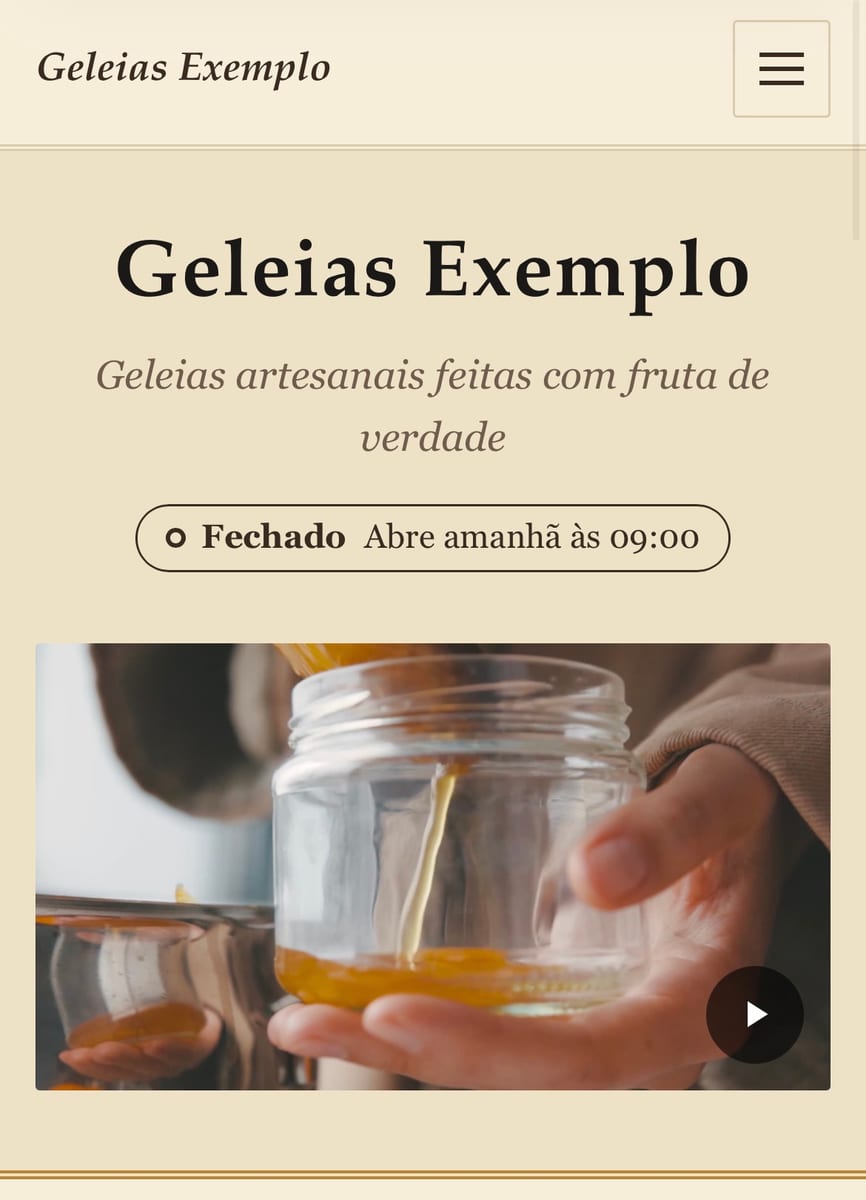 Geleias artesanais: vídeo no topo, onde comprar nas feiras, busca inteligente; encomenda e entrega com Pix antecipado. Na tela, o estilo Clássico com o vídeo de geleia caindo num pote