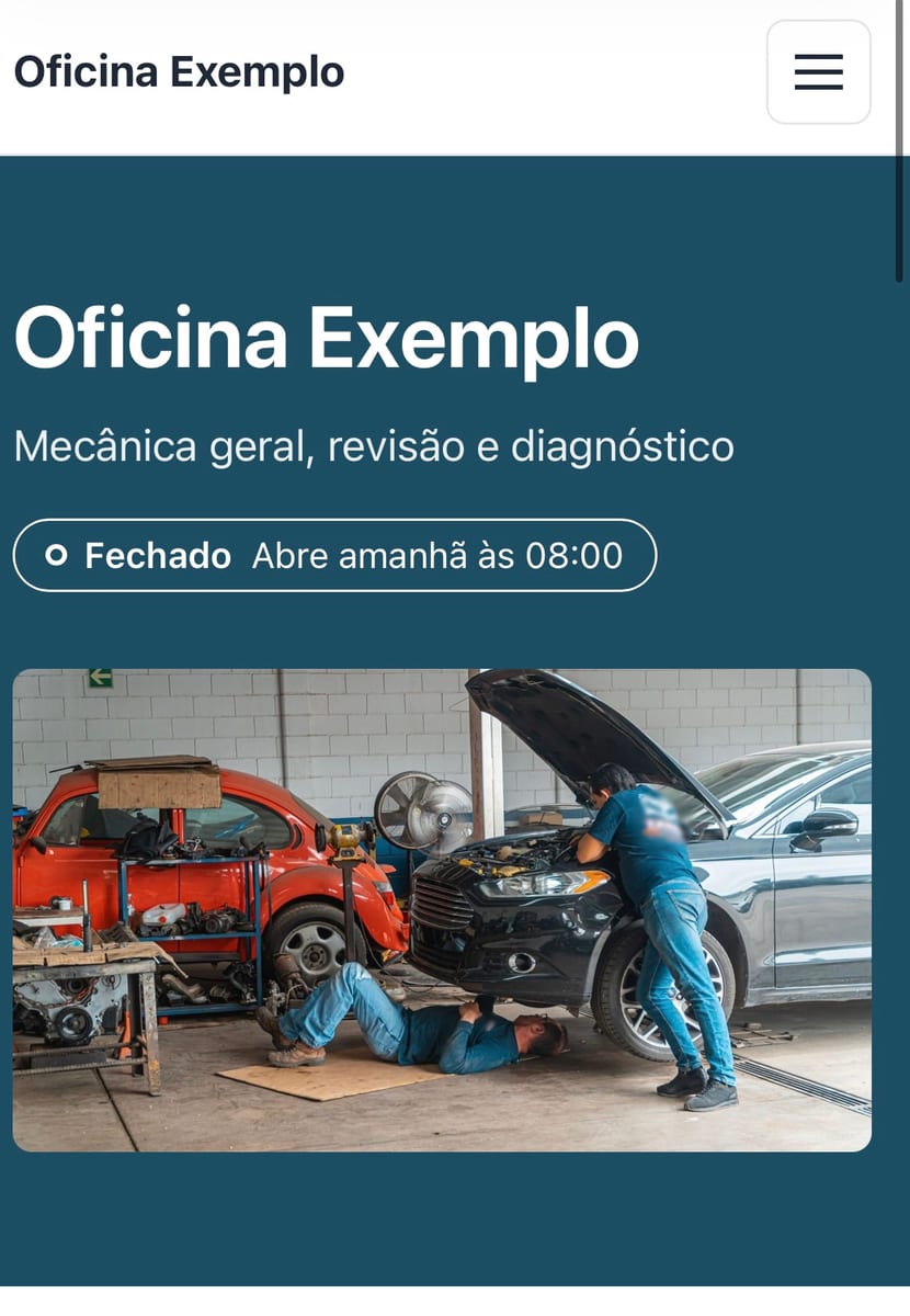 Oficina mecânica: lista de serviços, aviso de revisão e agendamento pelo WhatsApp. Na tela, mecânicos trabalhando em carros