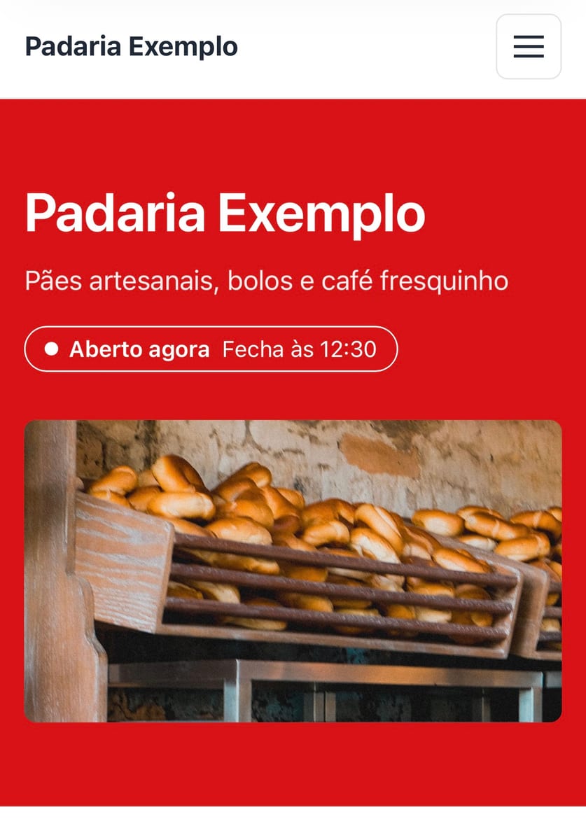 Padaria: cardápio completo, agenda e feriados; pedido e entrega com Pix antecipado. Na tela, o site em vermelho com Aberto agora e pães numa prateleira