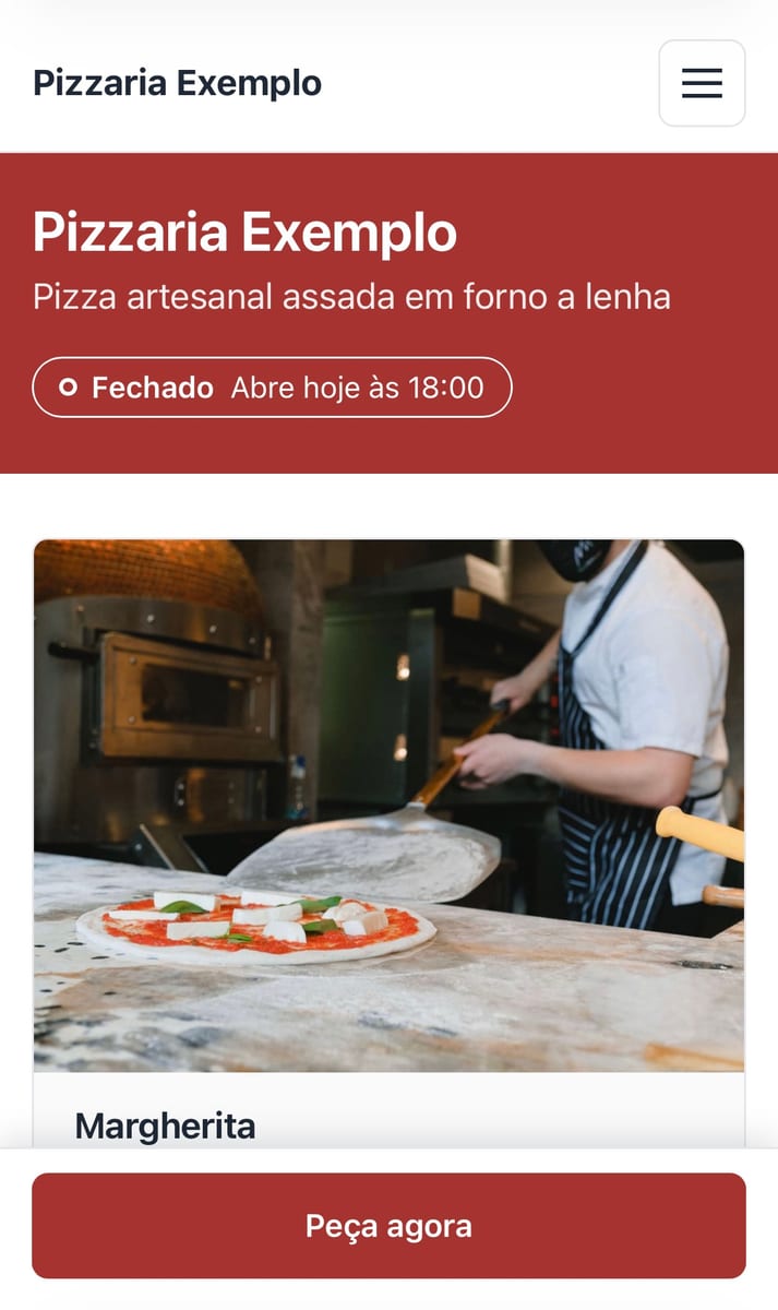 Pizzaria: botão Peça agora e pizzas em destaque; a foto abre o sistema de pedidos. Na tela, o pizzaiolo colocando uma pizza no forno