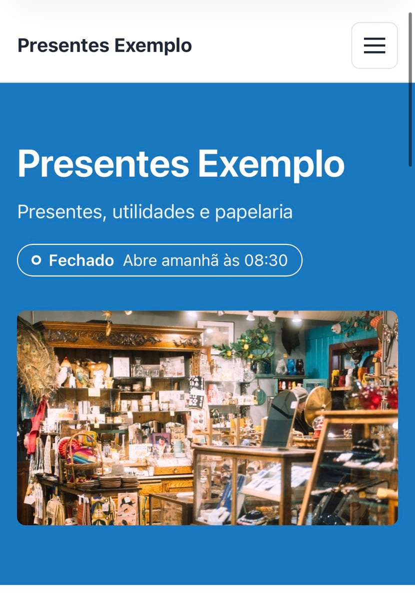 Presentes e papelaria: produtos em destaque com fotos, nas cores da loja. Na tela, o site em azul com o interior de uma loja de presentes