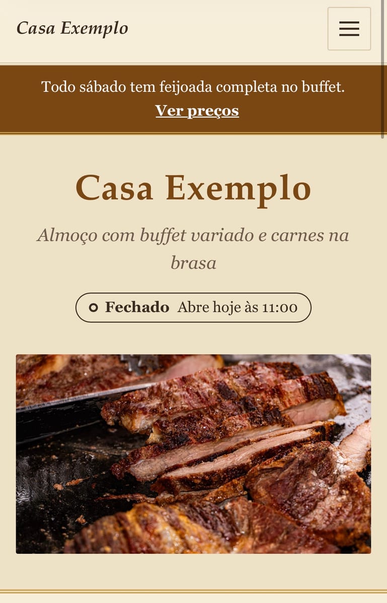 Restaurante: estilo Clássico, faixa de aviso, reserva de mesa; pedido sem entrega com Pix antecipado. Na tela, o aviso da feijoada de sábado e carnes na brasa