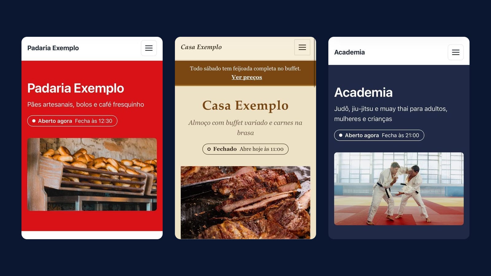 Três sites de exemplo no celular, lado a lado: padaria, restaurante e academia